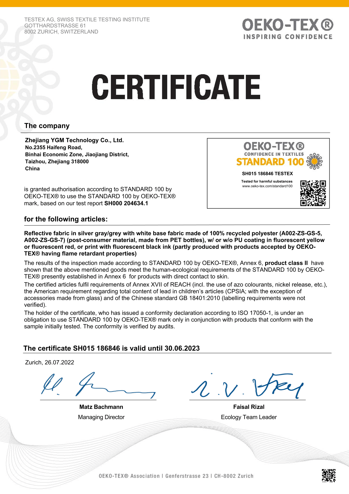 Oeko-Tex Standard 100 Certificate —— Updated in July 2022