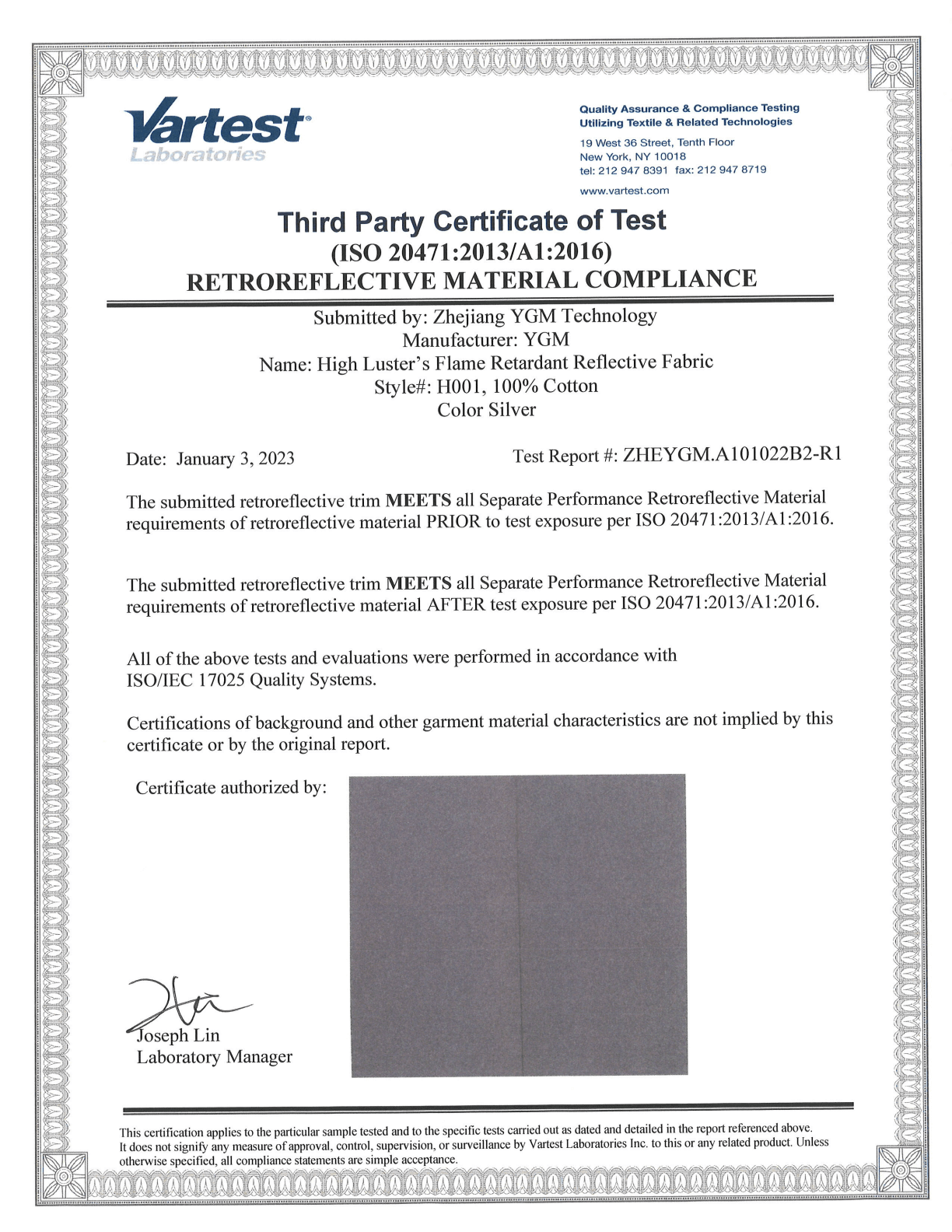 EN ISO 20471:2013 Certificate & Test Report for Silver Flame Retardant Reflective Tape (H001 Product) —— Updated in Jan. 2023