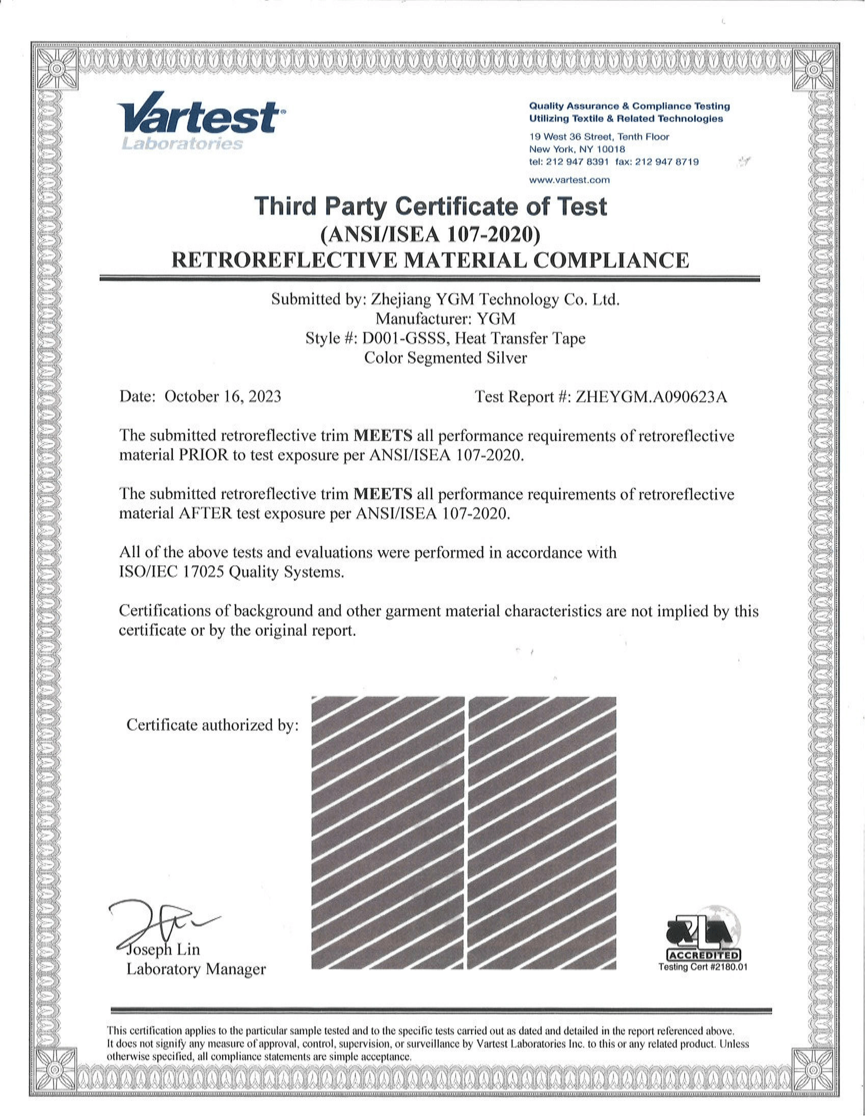 ANSI/ISEA 107 Certificate & Test Report for Heat Transfer Tape Color Segmented Silver(D001-GSSS Product)
