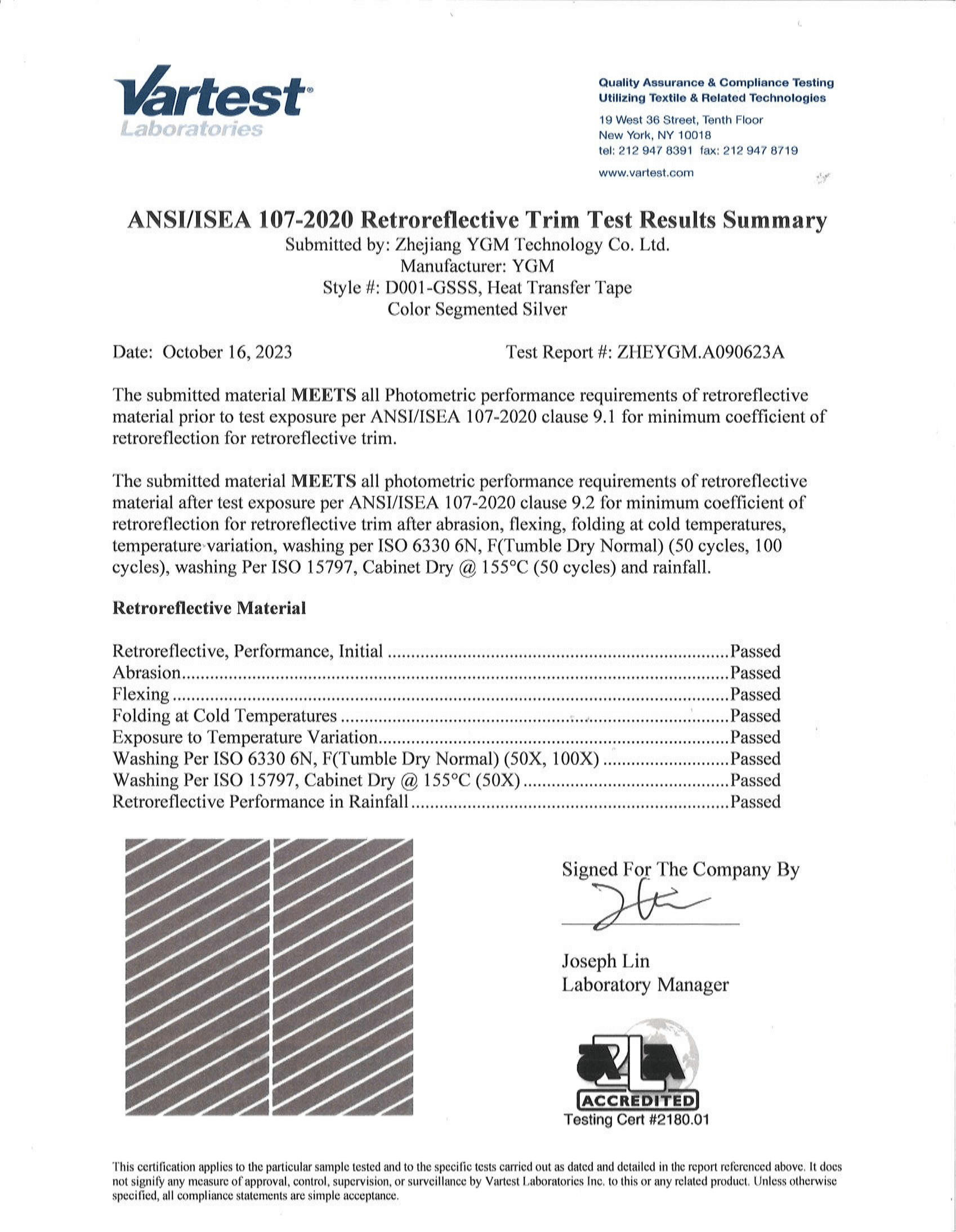 ANSI/ISEA 107 Certificate & Test Report for Heat Transfer Tape Color Segmented Silver(D001-GSSS Product)2