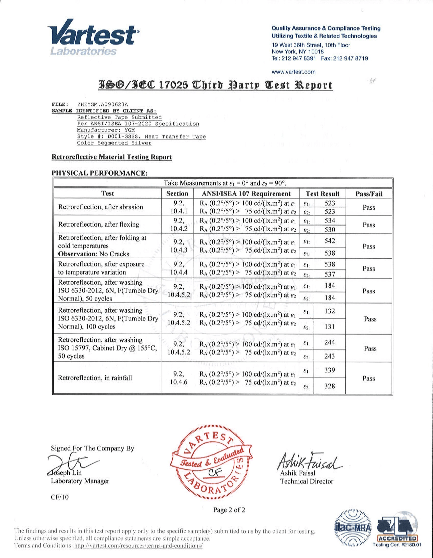 ANSI/ISEA 107 Certificate & Test Report for Heat Transfer Tape Color Segmented Silver(D001-GSSS Product)4