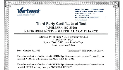 banner of ANSI/ISEA 107 Certificate & Test Report for Heat Transfer Tape Color Segmented Silver(D001-GSSS Product)