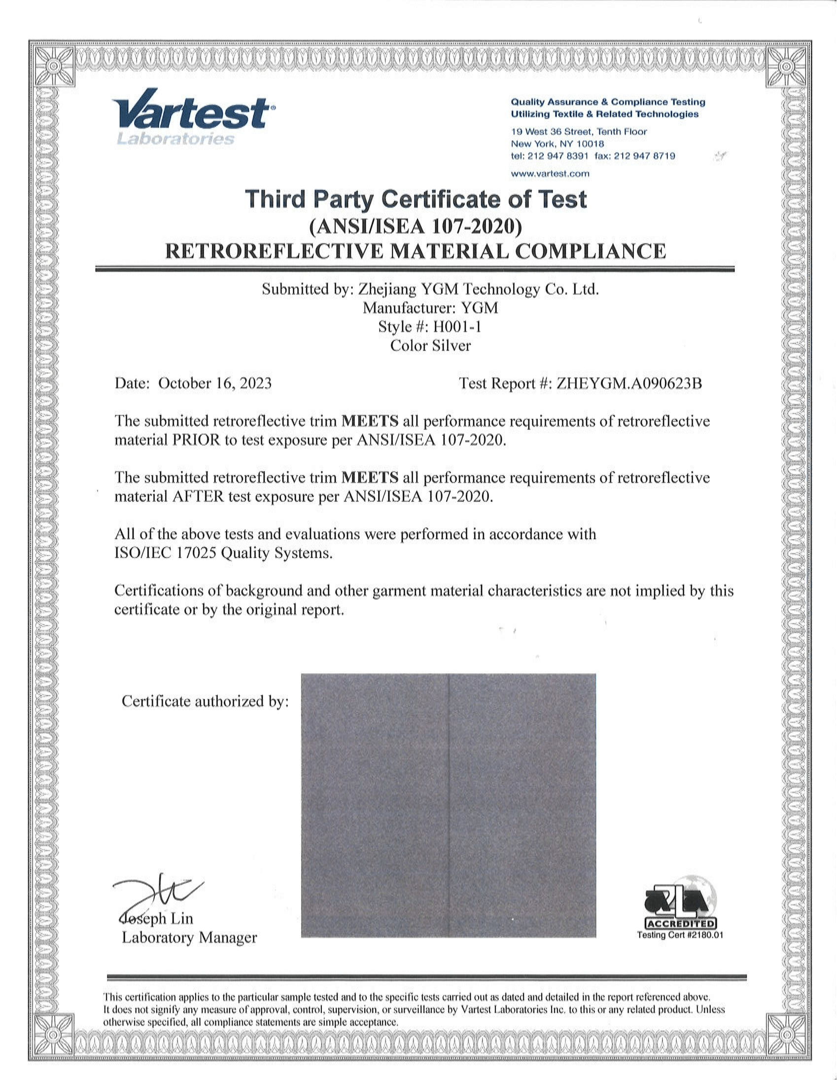 ANSI/ISEA 107 Certificate & Test Report for H001-1 Product