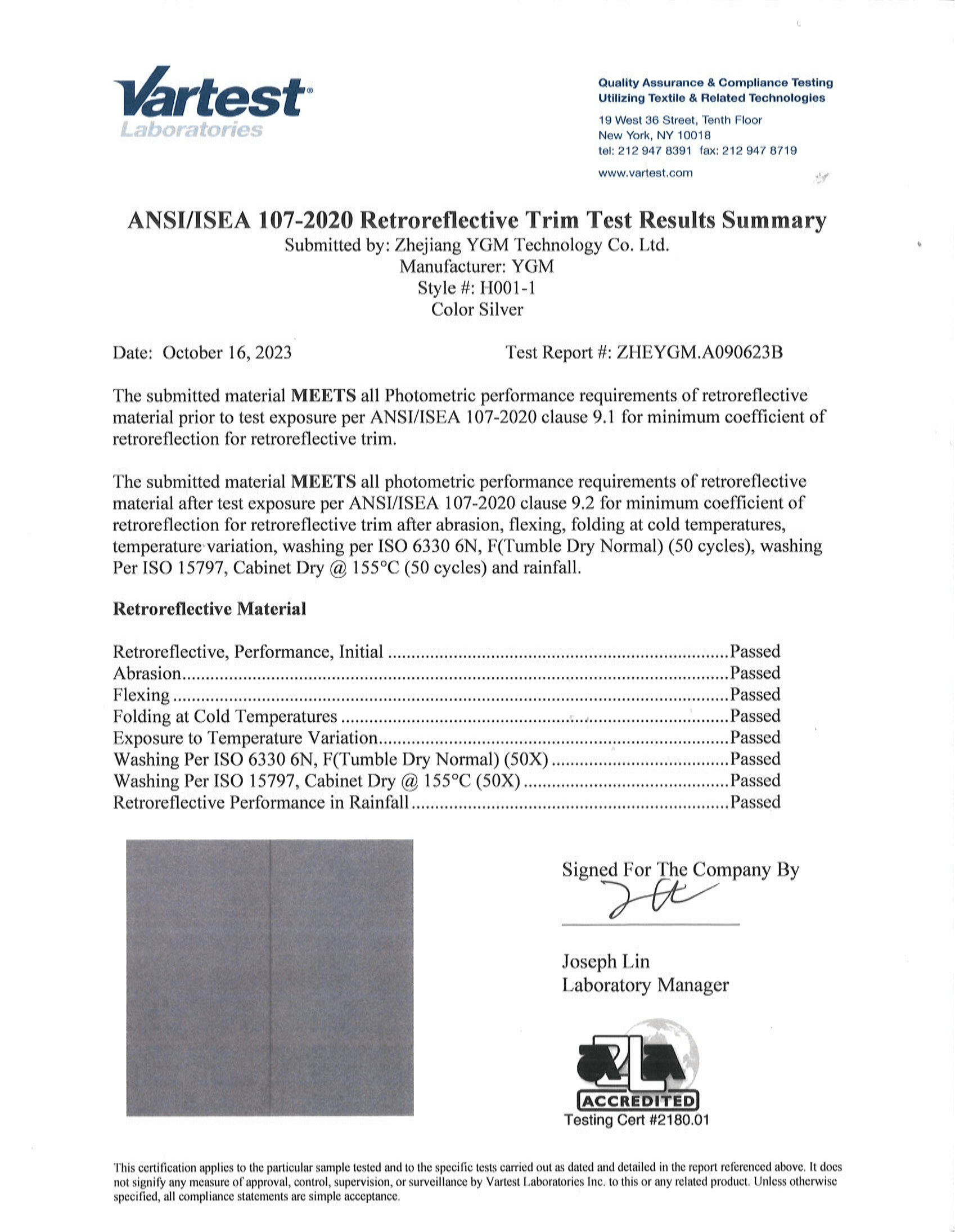 ANSI/ISEA 107 Certificate & Test Report for H001-1 Product2