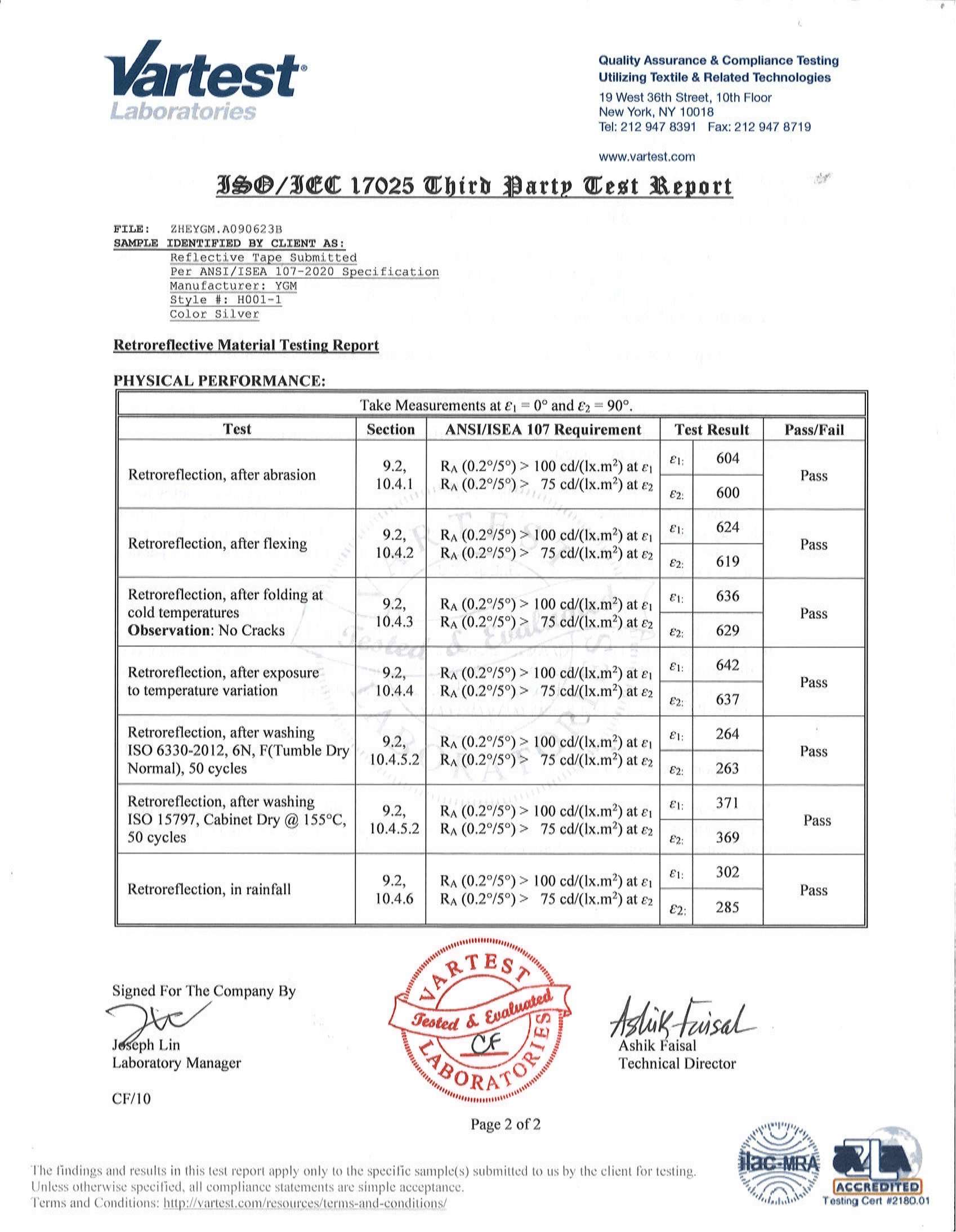 ANSI/ISEA 107 Certificate & Test Report for H001-1 Product4